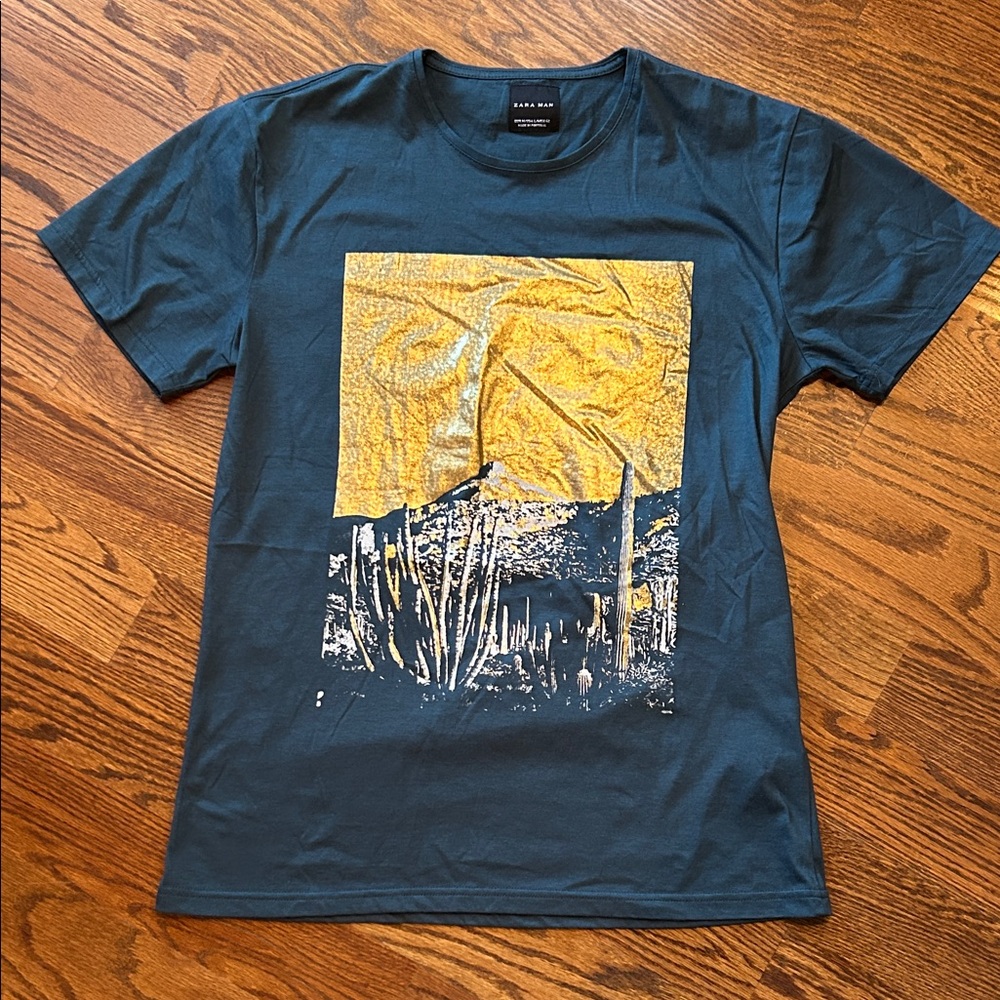 Zara Man 100% Cotton Teal and Gold Desert Graphic Tee, Size L